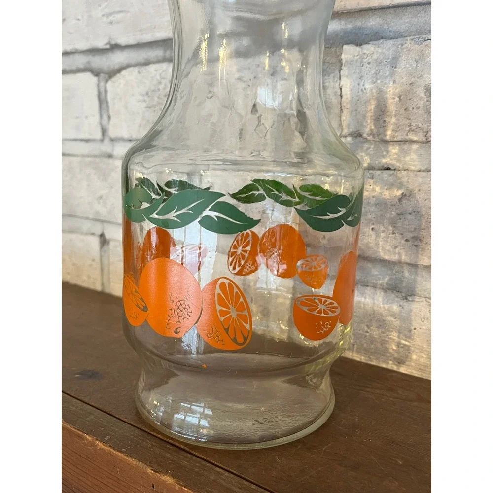 Retro Anchor Hocking Juice‎ Carafe with Oranges and Green Leaf Pattern